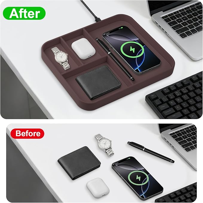 VOVIPO Faux Leather Valet Tray,with 2 in 1 Wireless Charging Compitable With iPhone/17/16/15/15 Plus/15 Pro/15 Pro Max/14/13/12/Wireless earphones,Office/Home Desk Organizers Tray-Brown