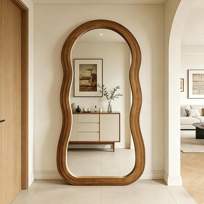 Wavy Full Length Mirror, 71"x33.5" Oversized Organic Floor Mirrors with Triple-Layer Solid Wood Frame, Large Irregular Full Body Mirror for Living Room Entryway Cloakroom, Leaning/Hanging