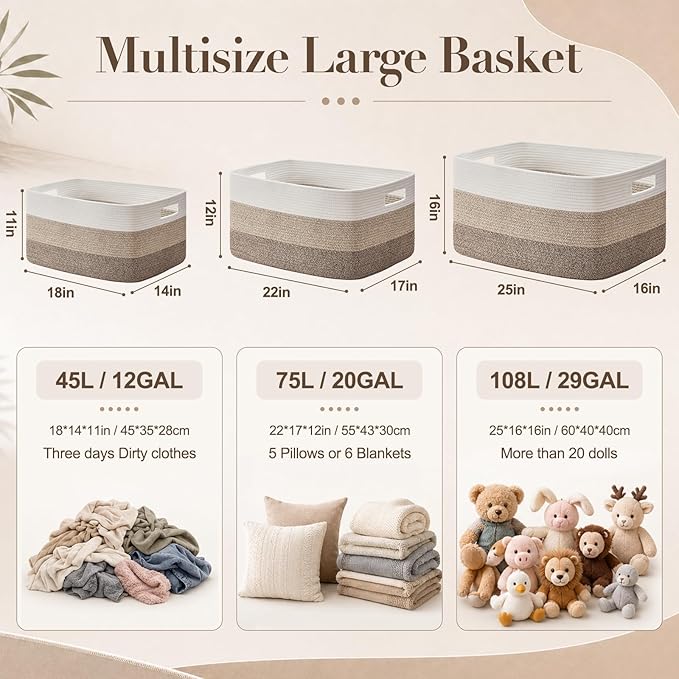 OIAHOMY Large Blanket Basket For Living Room, Rectangle Woven Baskets for Storage, Nursery Toy Storage With Handle-22”x17”x12”-Gradient Dark Grey