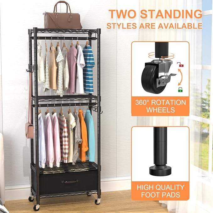 VyGrow Clothes Rack, Clothing Rack for Hanging Clothes, 4 Tiers Adjustable Closet Organizer System with Drawer | Double Rods | Side Hooks | Load 445lbs | 23" L x 13.18" W x 78.74" H | Black