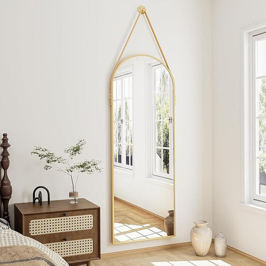 16"x48" Hanging Mirror with Leather Strap,Arched Full Length Mirror with Aluminum Frame Wall-Mounted Hanging Mirrors for Bathroom Vanity Living Room Bedroom Entryway Décor, Gold