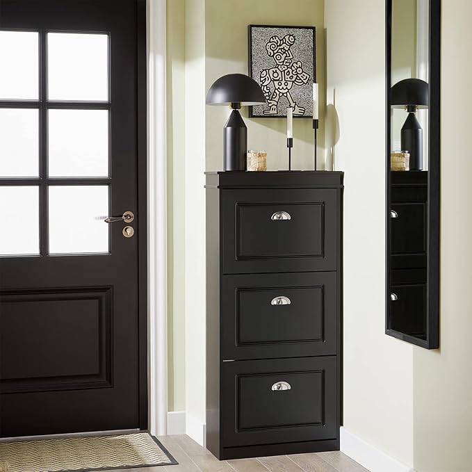 Haotian FSR94-SCH, Black Shoe Cabinet with 3 Flip Drawers, Freestanding Shoe Rack, Shoe Storage Rack(9.4" D x 20.9" W x 46.1" H)