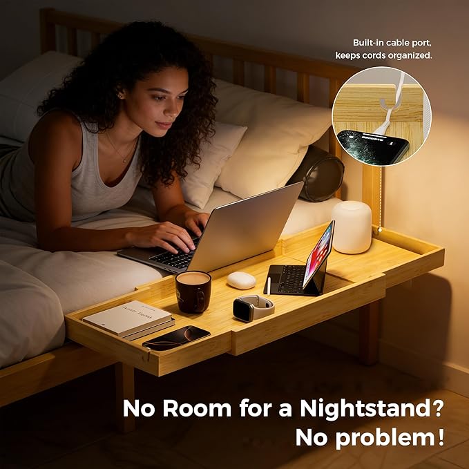 MinBoo Expandable Nightstand Shelf Bamboo College Caddy for Top Bunk Clip Bedside Shelf Floating Bed Side Table Tray Storage Dorm Room Decor College