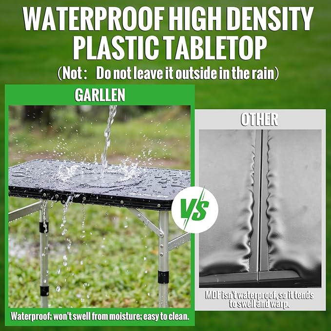 GARLLEN Camping Table with Waterproof High-Density Plastic Tabletop, 3 Adjustable Height Portable Folding Picnic Table, Aluminum Frame Outdoor Table for BBQ, Camping, Indoor Use, 22.8" L x 15.7" W
