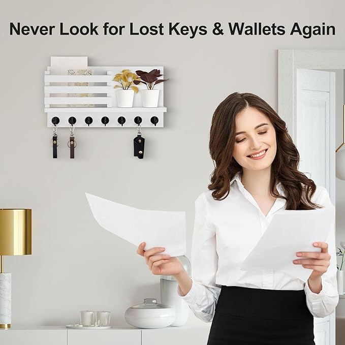 Lwenki Key Holder for Wall – Decorative Wooden Mail Holder and Key Shelf with Mounting Hardware, Installation Guide – Paulownia Wood with Metal Key Hooks (White, Extra Large - 15.6inch)