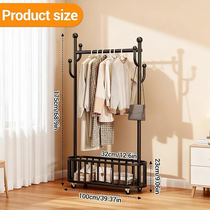 CuisinSmart Rolling Clothes Rack with Wheels, 68.9 Inch Tall Heavy Duty Metal Gold Garment Rack with Basket, Movable Portable Clothes Rack for Bedroom 100cm Black
