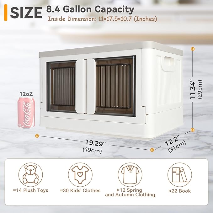 Storage Box, Cabinet with Lids, 8.4 Gallon (32L), With Double Door and Buckle, Foldable, Underbed or Countertop Use, Classy For Kid, Mike White