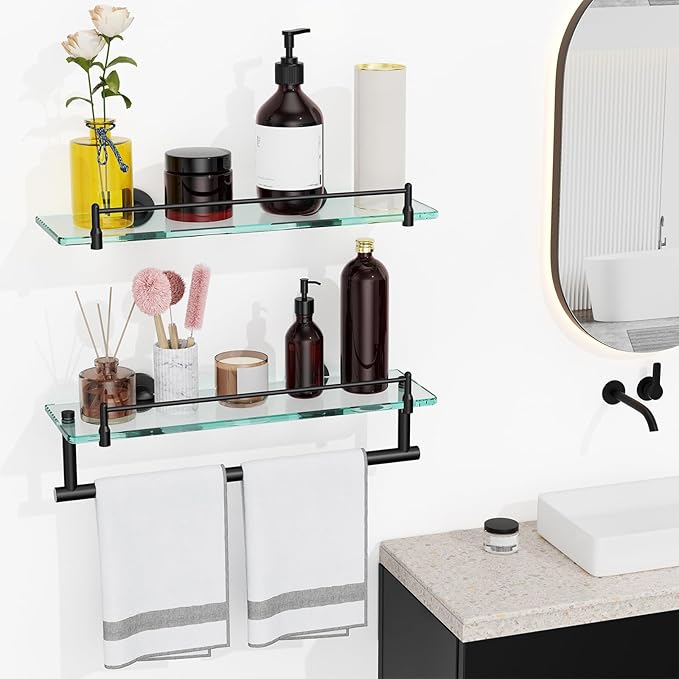 Glass Bathroom Shelves,Matte Black Floating Shelves for Wall Rectangular Modern Stainless Steel Glass Shelf for Bathroom Shelves wall Mounted 16 Inch