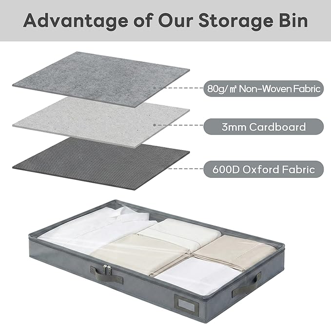 4-Inch Under Bed Storage Containers (2-Pack) | Sturdy Sidewalls | Clear Cover & Label Holder | Foldable Fabric Closet Bin Organizer | Stores Clothing/Blankets/Sweaters/Sheets