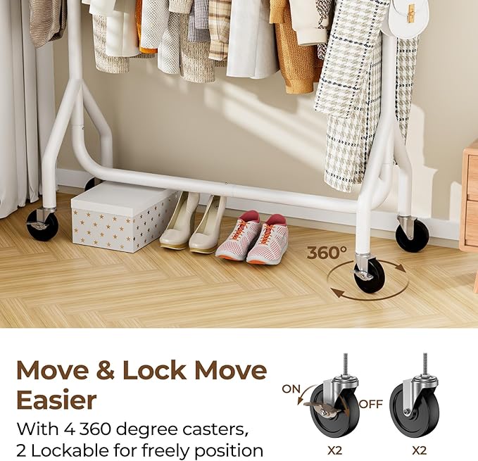 HYSEYY Clothes Clothing Rack, Rolling Heavy Duty Clothes Rack Load 420 LBS With Wheels, Metal Clothes Rack for Hanging Clothes, Portable Standing Clothes Garment Rack, White,48 inches