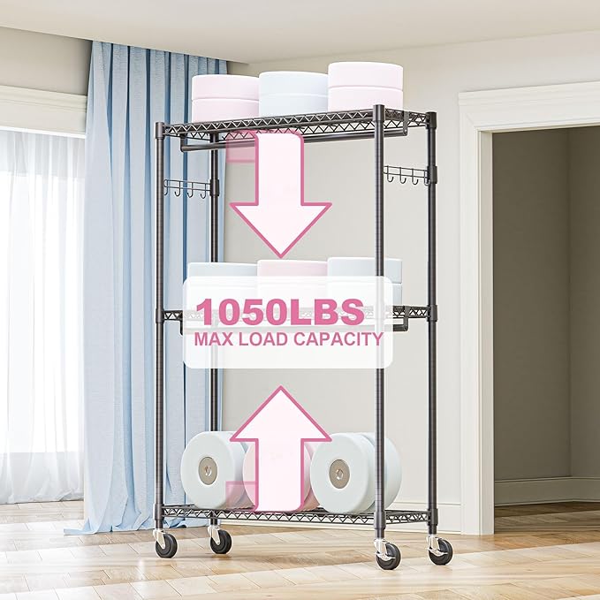 M MZG Heavy Duty Rolling Garment Rack 3 Tiers Adjustable Wire Shelving Clothes Rack with 2 Rods and Side Hooks,Storage Closet Clothing Rack with Wheels Black 15.7" D x 45.3" W x 79.6" H