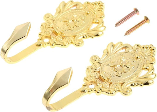 2Pcs Wall Hooks Gold Rose Pattern Carved Vintage Drapery Clothes Key Hook Bathroom Bedroom Multi-Function Decorative Hook with Screws