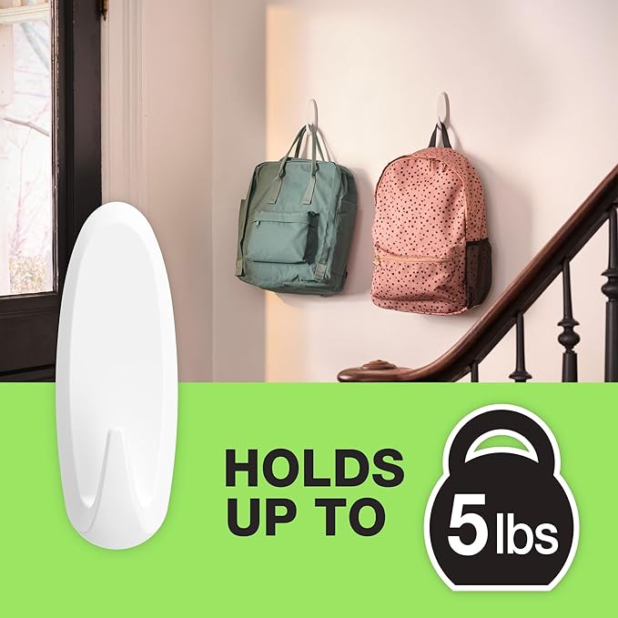 FrogTape reMOVEables Heavy Duty Wall Hooks - Holds up to 5 lbs - Includes 1 Hook and 2 Strips - No Damage - Easy to Remove & Reuse - Large Wall Hook with Adhesive Strips - White (Pack of 1)