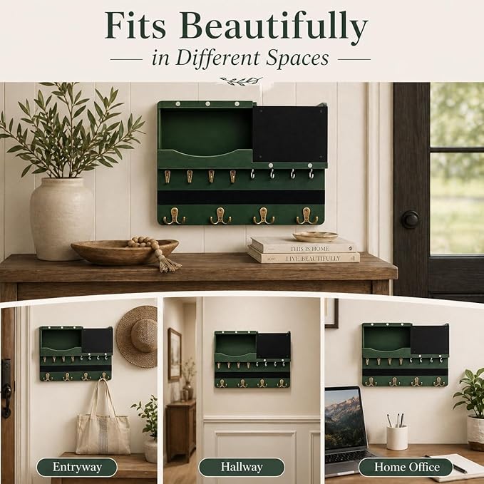 Key Holder for Wall Mount with Shelf and Mail Organizer, Key and Mail Holder with 16 Hooks, Farmhouse Entryway Organizer, Home Decor Rack (Pine Wood,Green)
