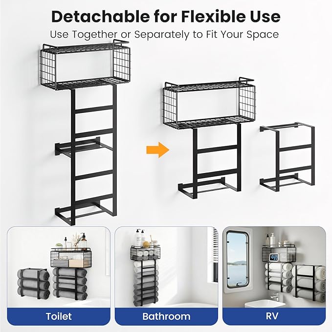 Vatex Towel Racks for Bathroom Wall Mounted, 4-Tier Bathroom Towel Rack with Shelf and Basket, Hold 6 Large Rolled Towels, 32-Inch Heavy Duty Towel Storage for Bathroom, RV, Black