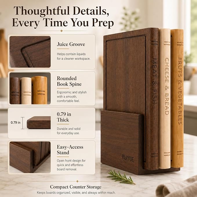 Book Shaped Cutting Board Set with Walnut Stand, 3 PCS Wooden Cutting Boards (13"x10"), Maple Sapele & Bamboo Charcuterie Serving Boards, Decorative Kitchen Decor Gift for Housewarming (1Set)