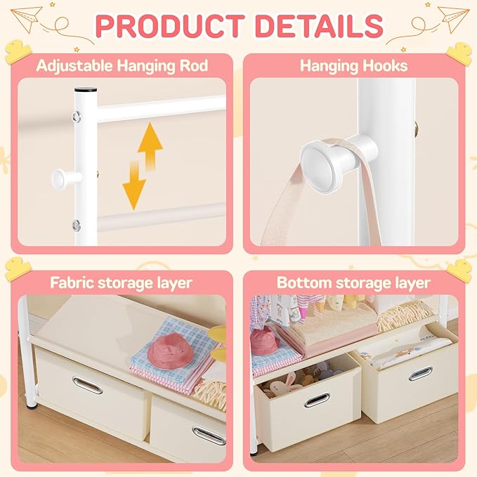 Kids Clothes Rack with 2 Tier Storage Racks and 2 Adjustable Hanging Poles, Small Baby Closet Organizer for Hanging Clothes, Kids Dress-Up Rack (Upgrad, White)