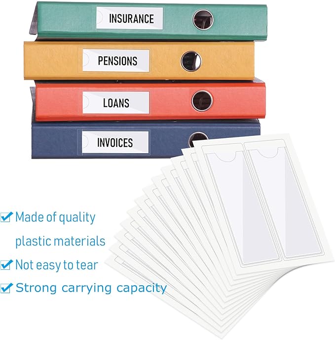 Outus 200 Pack 1.2 x 3.35 Inch Self Adhesive Label Pockets Bulk Plastic Labels Holders for Storage Bins Clear Classroom Nameplate Sleeves Index Card Tote Photos Waterproof Protect Office
