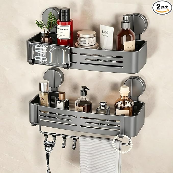 VOLPONE Shower Caddy Suction Shower Shelf No Drilling Shower Organizer Suction Cup Shower Storage Rack Aluminum Wall Mounted Shampoo Holder with Towel Bar Hooks (2-Pack, Matte Gray)