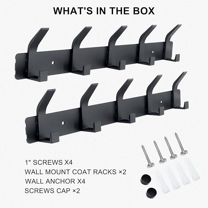 Coat Rack Wall Mounted,5 Coat Hooks for Hanging Coats,Heavy Duty Metal Double Hook Rack Hook Rail,Coat Rack with Hooks,Wall Mount Coat Hanger for Hat Towel Purse Robes ,Black,2Pack (Black2, 5 Hooks)