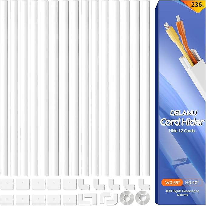 Delamu 236in Cord Hider, Professional Cable Cover Kit for Wall, TV Wire Hider for Wall Mounted TV, Raceway Cover on Management Wires, Cable Concealer, 0.59'' H x 0.40'' W, White