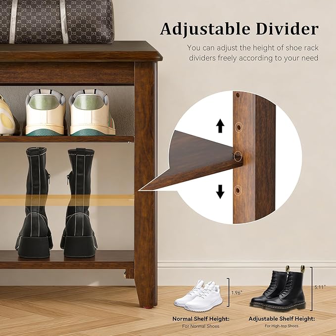 Taitiy Shoe Bench Storage Rubberwood, Entryway Bench with 3-Tiers Height Adjustable, Shoe Rack Front Door Entrance Organizer for Hallway Living Room, Mudrooms, Walnut,39.4"