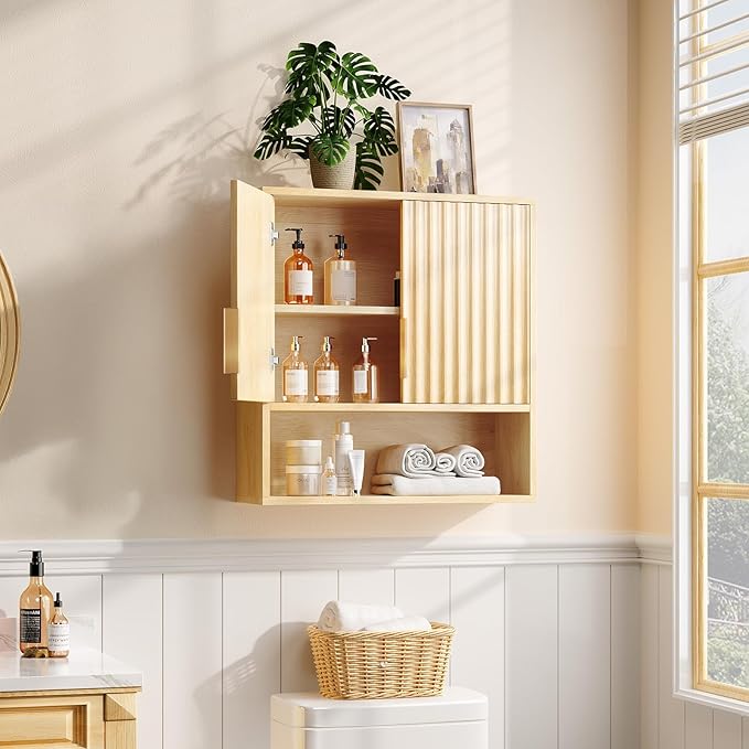 VINGLI Bathroom Wall Cabinet with Fluted Doors, Natural Oak Wall Mounted Medicine Cabinet with Adjustable Shelf, Over The Toilet Storage Cabinet for Bathroom, Kitchen & Laundry Room