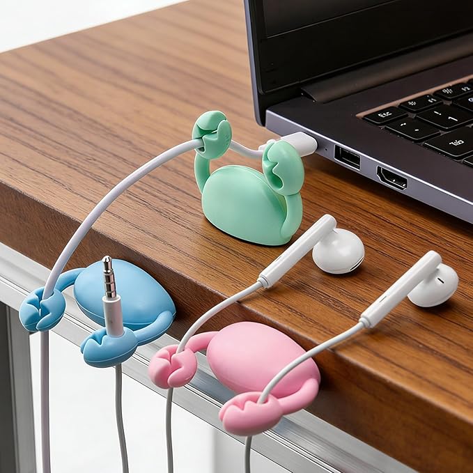 Crab-Shaped Cord Organizer - Adhesive Cable Clips for Tidying Desks and Efficient Wire Management, 4-Pack (Pink, Blue, White, Orange)