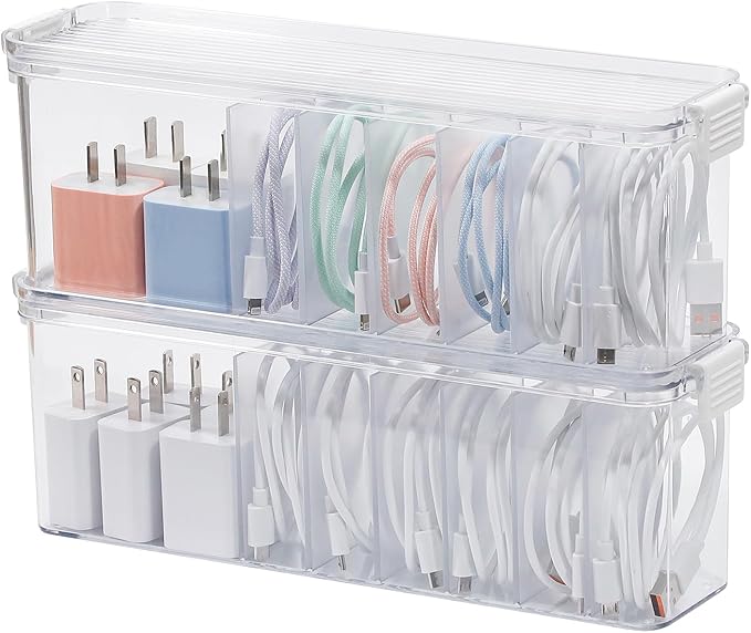 2 Pack Cord Organizer Box for Desk Drawer, Clear Phone Charger Cable Storage Container with Lid