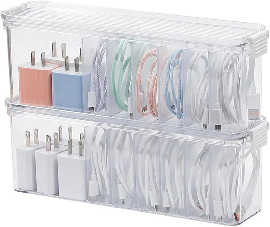 2 Pack Cord Organizer Box for Desk Drawer, Clear Phone Charger Cable Storage Container with Lid