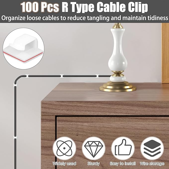 190-Piece Cable Management Kit, 100 R-Type Clips 60 Reusable Cable Ties 30 Multi-Slot Wire Holders, Self-Adhesive Cord Organizer for Desk, Under Desk, Nightstand, Gaming Setup, Office & Home