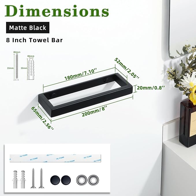 Alise 8 Inch Hand Towel Holder Towel Bar for Bathroom Wall Mount,Matte Black Towel Hanger Towel Rack for Bathroom Lavatory,SUS304 Stainless Steel Towel Rail Towel Rod Self Adhesive or Drilling Mount