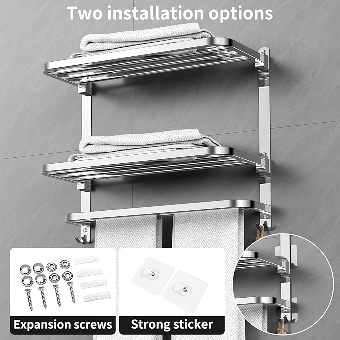 CAXIMSY 22.8Inch Towel Rack for Bathroom and Lavatory Towel Hanger with Wall Mount Towel Bars 304 Stainless Steel No Drill (Collapsible Towel Rack)