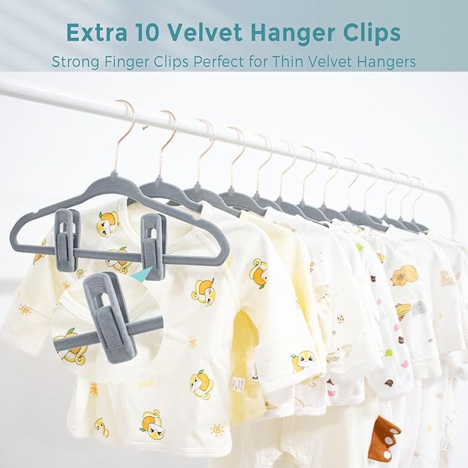 Tonswachic Baby Velvet Hangers 50 Pack - 11 Inch Non-Slip Felt Kids Hanger for Newborn Clothes - Small Toddler Child Hangers Durable for Every Use - 10 Hanger Clips Included, Gray