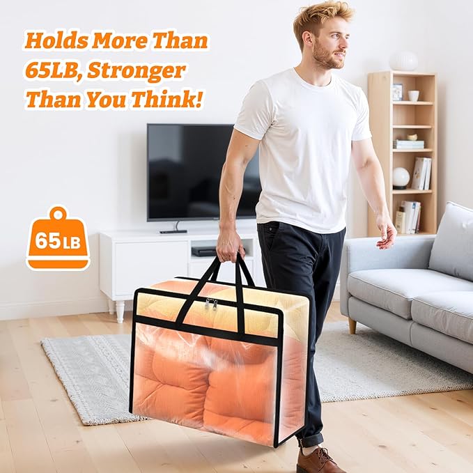 BlissTotes 4 Pack Clear Clothes Storage Bags, Moving Bags, Foldable Blanket Storage Under Bed Storage Containers with Sturdy Zipper and Handle for Clothing, Comforter, Bedding, Sheet (40L)