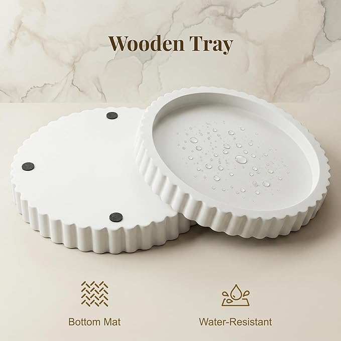 Decorative Tray for Coffee Table, 11.4" Modern Minimalist Wooden Round Decor Tray for Kitchen, Living Room, Home Decor, Tv Stand, Bathroom Sink, Entryway, White Color
