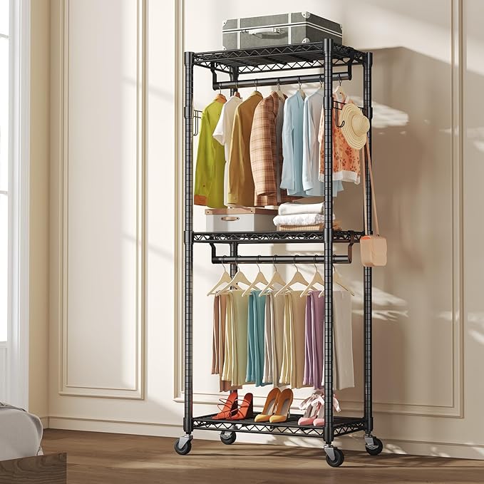 NEWBULIG Heavy Duty Adjustable Clothes Rack with Wheels, Adjustable Rolling Metal Freestanding Garment Closet Organizer with Double Rods & 2 Side Hooks for Hanging Clothes, 29" x 15" x 75", Black
