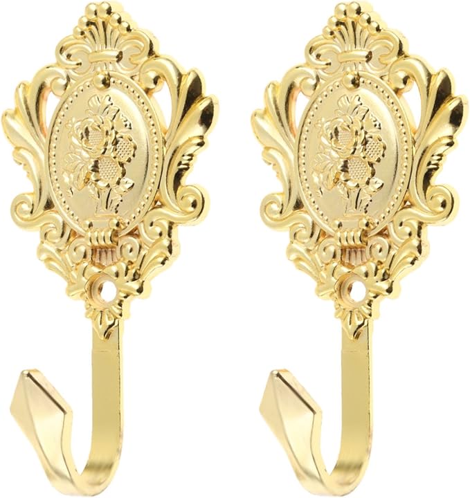 2Pcs Wall Hooks Gold Rose Pattern Carved Vintage Drapery Clothes Key Hook Bathroom Bedroom Multi-Function Decorative Hook with Screws