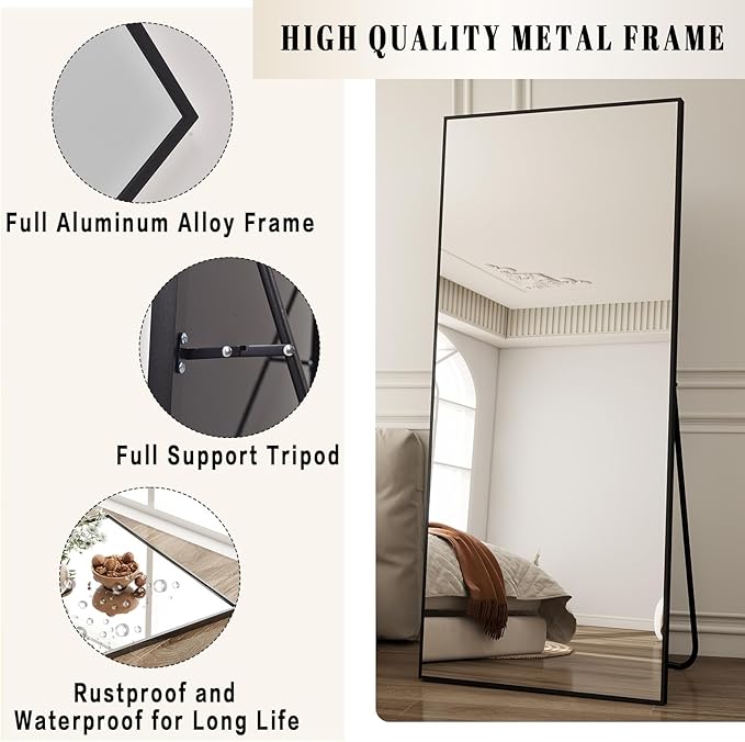BEAUTYPEAK Full Length Mirror, 57"x18" Standing Hanging or Leaning Against Wall Floor Mirrors Body Dressing Wall-Mounted for Living Room, Bedroom with Aluminum Alloy Thin Frame, Black