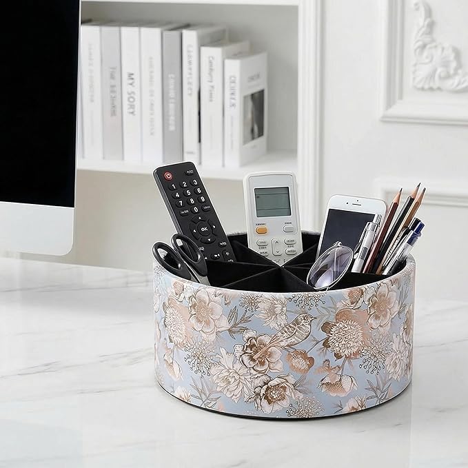 Remote Control Holder, 360°Spinning PU Leather Desk TV Remote Caddy,Desk Storage Box Room Accessories for Controller, Media,Mail,Calculator, Mobile Phone,Pencil(1B-Blue Bird)