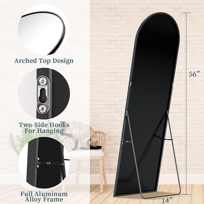 Full Length Mirror with Stand, 56"x14" Arched Full Body Mirror, Large Stand Up Aluminum Frame Floor Freestanding Hanging Leaning Mounted for Bedroom Living Room Entryway Black