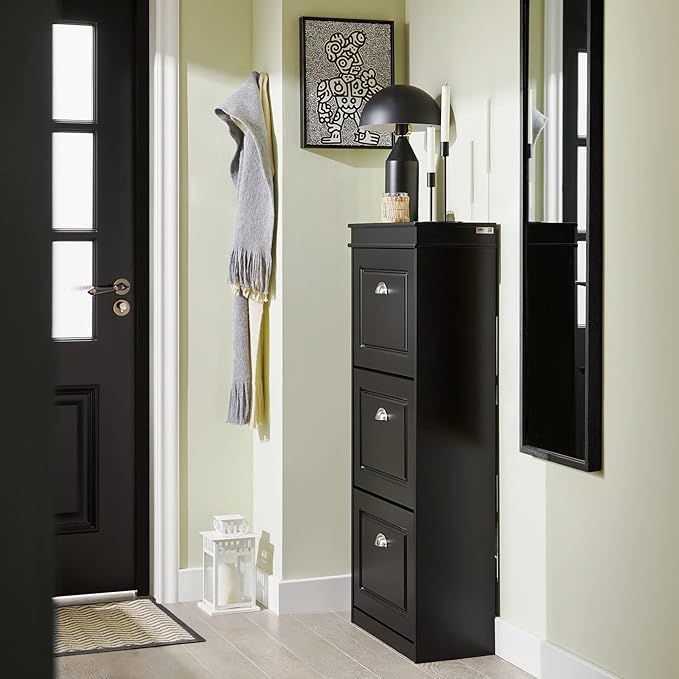 Haotian FSR94-SCH, Black Shoe Cabinet with 3 Flip Drawers, Freestanding Shoe Rack, Shoe Storage Rack(9.4" D x 20.9" W x 46.1" H)