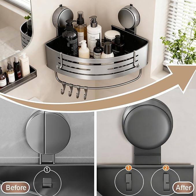 No-Drilling Corner Suction Cup Shower Caddy(1-Pack Gray),Rust-Proof and Durable Bathroom Organizer with Towel Bar & Hooks,Modern Large-Capacity Wall-Mounted Shower Shelf