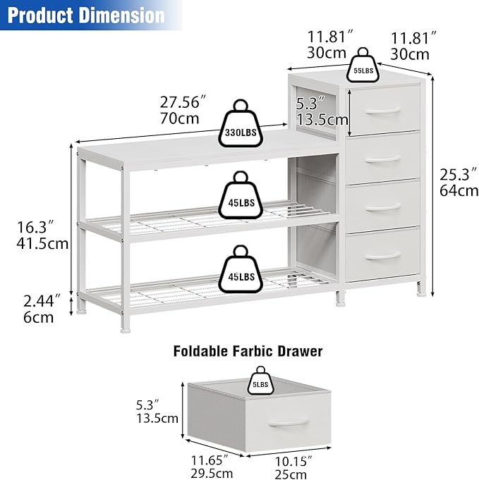EXOTICA 3-Tier Shoe Storage Bench White Entryway Shoe Rack with 4 Drawers and Seating Shoe Shelf Storage Cabinet for Hallway Front Door Doorway Living Room Mudroom Steel Frame