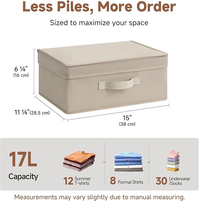 StorageWorks Storage Bins with Lid, Decorative Fabric Storage Bins with Handles, Stackable Closet Organizers for Shelves and Bedroom, Small, Light Brown, 2-Pack