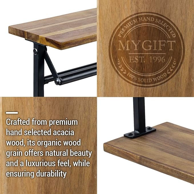 MyGift Premium Solid Acacia Wood Paper Towel Holder with Top Display Shelf and Matte Black Metal Frame, Freestanding Kitchen Countertop Disposable Roll Dispenser Storage Rack