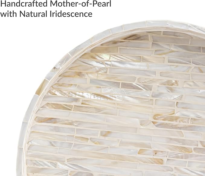 PEMAR 12.6” Decorative Round Serving Tray, Mother of Pearls Inlaid Coffee Table Tray w Insert Handles,Nacred Wooden Ottoman Tray,Bedroom Tray,Cabin Tray. Decorative Platter Basket Tray (White Pattern)