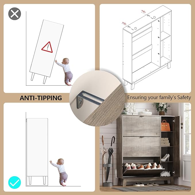Shoe Cabinet Storage for Entryway with 3 Flip Drawers & Side Cabinet, Fluted Narrow Shoe Organizer with Wooden Leg, Freestanding Shoe Storage Hidden Shoe Rack Organizer for Front Door Entrance, Grey