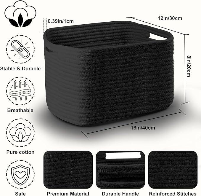 4 Pack Large Storage Baskets for Organizing, 16''Lx12''Wx8''H Woven Baskets for Storage Toys, Towels, Books, and Clothes, Cotton Rope Basket for Shelves with Handle