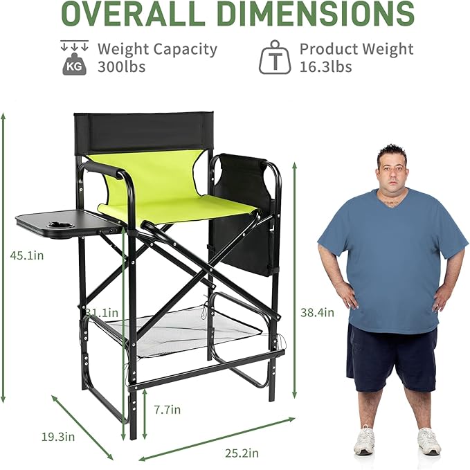 Outvita 4 Piece31 Tall Directors Chair Height Seat Folding with Side Table Storage Bag, Support for 300Lbs Portable Makeup Artist Chair with Bar Height(Green/Black)